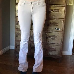 Cream colored boot cut, low rise pants